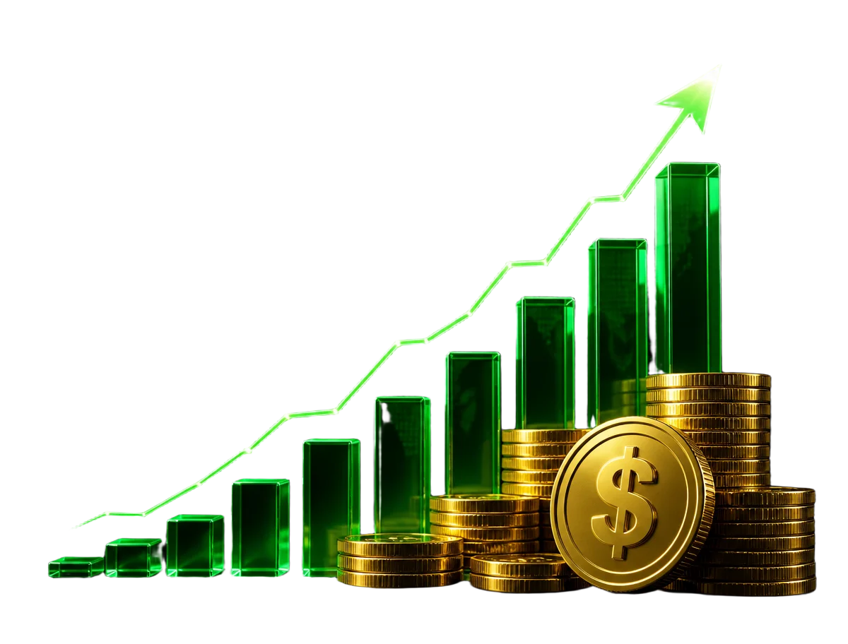 Growth chart with rising green bars, upward arrow and gold coins
